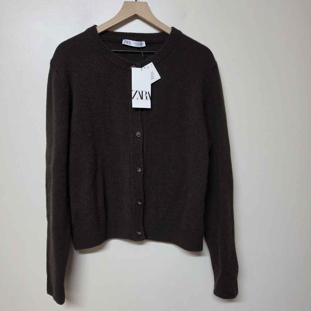 ZARA Women XL Cashmere Wool Cardigan Brown Button Front Sweater NWT $129